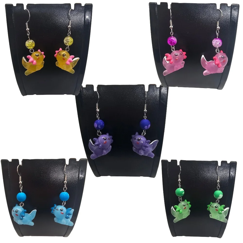 Cute Green Axolotl Earrings - Handmade - Hypoallergenic‎ (Dangle w/ hook)